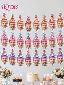 7/14/21pc Custom Photo & Text Birthday Banner, Personalized Age Party Hat Cutout Garland, 18th/21st/25th/30th Milestone Decor, Colorful Pastel Party Keepsake - Multicolor - View 8