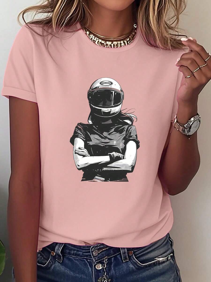Top femenino manga corta cuello redondo en algodón puro, diseño estampado moderno, tela fresca y aireable, prenda versátil para look casual, ocasiones diarias y encuentros sociales todo el año - rosa - Ver 1