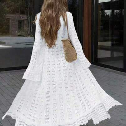 FOR BEAUTY V-Neck Long Sleeve Knit Dress, Fitted Casual Vacation Design, Sheer Flare Sleeve Bohemian Long Dress, Suitable For Beach, Seaside, Swimming