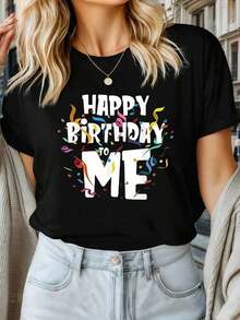 Happy Birthday To Me Graphic T-Shirt For Women - White Confetti Design, Casual Crew Neck Short Sleeve Top, Machine Washable Festive Clothing, Birthday Gift, Fun Print, Comfortable Fit - 黑色 - 查看 1