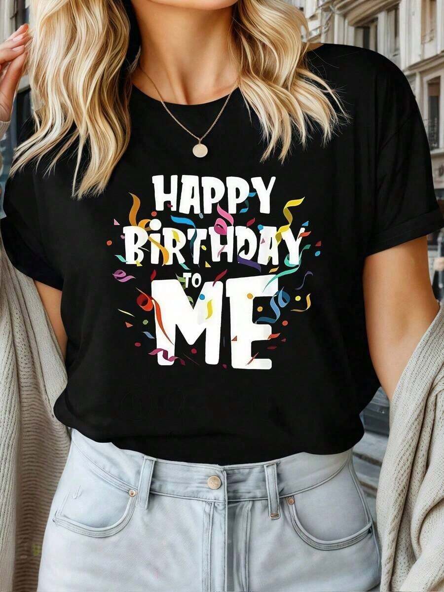 Happy Birthday To Me Graphic T-Shirt For Women - White Confetti Design, Casual Crew Neck Short Sleeve Top, Machine Washable Festive Clothing, Birthday Gift, Fun Print, Comfortable Fit - 黑色 - 查看 1