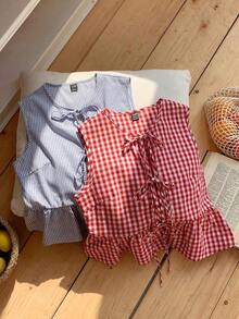 2 piezas Blusas tejidas sin mangas con moño delantero a rayas y a cuadros para mujer, un cuadro rojo y una a rayas azules, perfectas para las vacaciones de verano - Multicolor 11 - Ver 7