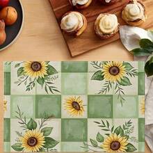 A Complete Set Of Daily Sunflower, Green Leaf, And Green Checkered Patterned Placemats, Suitable For Spring, Summer, Autumn, And Winter. It Adopts A Multi-Color Pattern Design And Is Woven From 100% Polyester Fiber. The Size Is 12 * 18 Inches And Can Be Machine Washed With Polyester Placemats. Heat Resistant, Stain Resistant, Waterproof, Easy To Clean, Suitable For Dining Tables, Holiday Party Decorations, Desktop Protection, Kitchen And Living Room Decorations, And Daily Use. - Multicolor - View 6