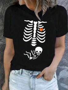 blusas para mujer playeras de mujer blusas casuales para dama  Playera Negra Oversize "Esqueleto con Corazón y Bebé Calavera Divertida para Halloween" NZPZ - Negro - Ver 4