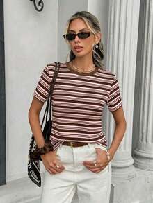 Camiseta holgada de cuello redondo y manga corta de estilo minimalista casual para mujer, con estampado de rayas, conjunto de ocio para mujer - Multicolor 6 - Ver 3