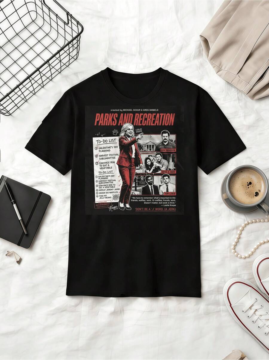 Parks And Recreation Graphic Tee Leslie Knope Ron Swanson Pawnee Comedy T-Shirt - Black - View 1