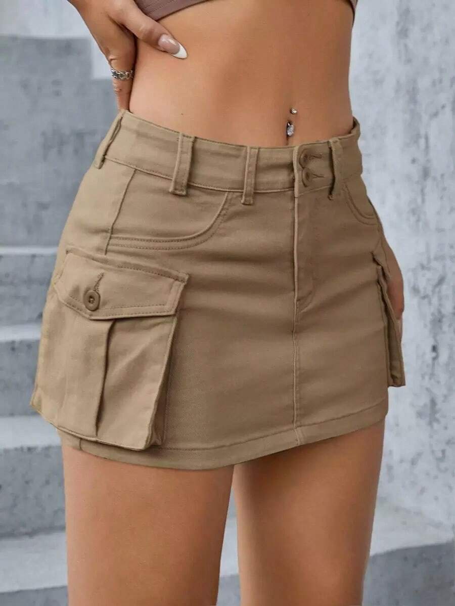 Minifalda de tela vaquera de tiro bajo, de moda para el verano - Caqui 2 - Ver 1