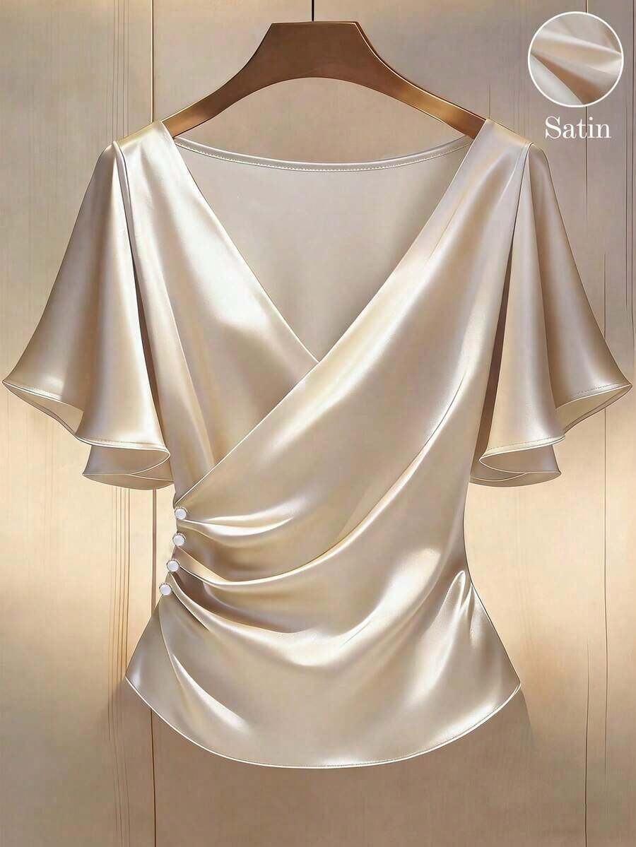 Blusa de satén elegante, blusa de manga corta, blusa de cuello en V, blusa de uso diario - Albaricoque - Ver 1