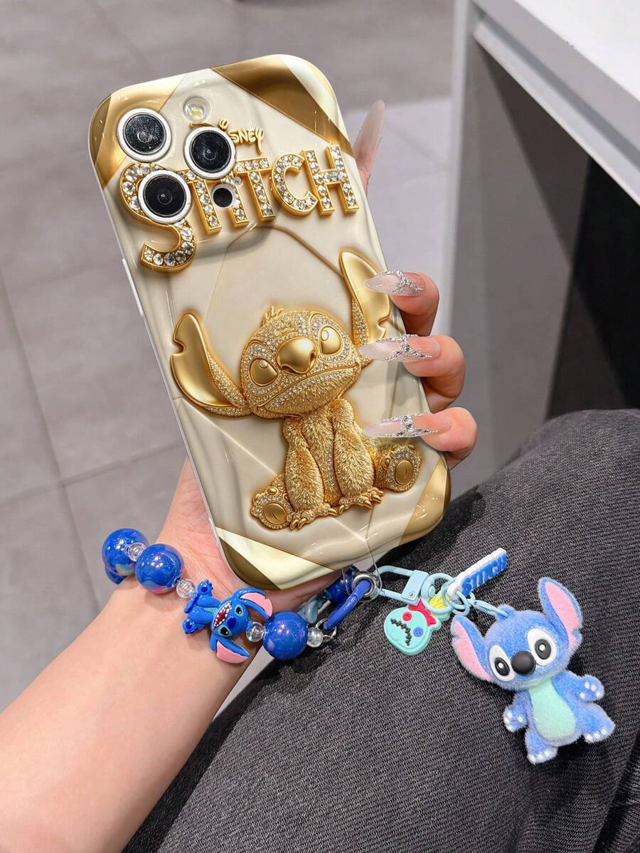 Disney Has Authorized, Phone Case - Chain Set, The Stitch Lilo & Stitch 3D Phone Case Plus A Silicone 3D Stitch Bracelet With Metallic Ring Removable Bracelet, Stitch And Angel Pattern, Compatible With Iphone17/16/15/14/13/12/11/XS/XR/X Plus Pro Max, A Stylish Cartoon Phone Case, The Perfect Gift Choice, Phone Protection, Durable Phone Cover, Great Gift For Friends And Family. - 白色 - 查看 1