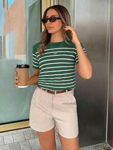 PariChic Camiseta casual de mujer a rayas, camisetas gráficas versátiles para mujer - Verde militar - Ver 4