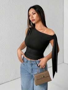 Camiseta de tirantes de unicolor informal con cuello de halter y lazada para el verano - Negro - Ver 9