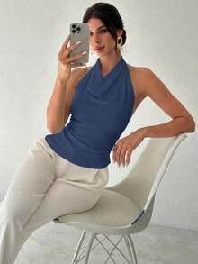 Camisa elegante de oficina para mujer, blusa negra ajustada con cuello asimétrico, sin mangas, halter, espalda descubierta, decoración de botones ajustables, ropa de primavera/verano, elegante, sexy - Niebla azul - Ver 6