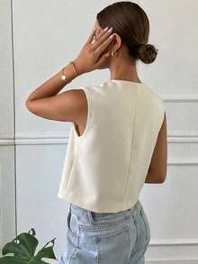 Chaqueta ajustada sin mangas de cuello redondo de unicolor para mujer, primavera y verano - Albaricoque - Ver 2