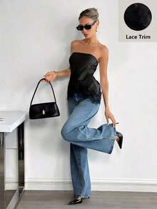 Top bandeau con encaje satinado mate - Negro - Ver 7