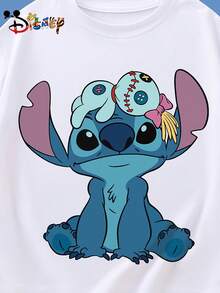 1pc Disney Boys & Girls Kids Lilo & Stitch Stitch T-Shirt - Cute Stitch & Scrump Back Print, Breathable Summer Short Sleeve Tee Suitable For 8-14 Years Boys & Girls, Birthday Outfit, School Uniform, Outdoor Play - Official Kids Apparel - 白色 - 查看 4