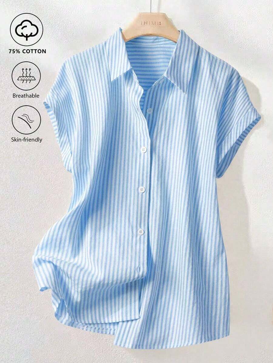 Camisa de manga corta a rayas vintage, de moda para ir al trabajo en verano - Azul y blanco - Ver 1