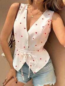 Blusa sin mangas de verano blanca con cuello en V, estampado de corazón y diseño de cintura anudada, versátil y de moda para mujer - Multicolor - Ver 3