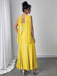 Vestido casual y elegante de mujer de color verde menta con cinta y espalda descubierta.Tiene tres formas de usarlo, se puede combinar con diferentes atuendos, adecuado para salidas casuales diarias, vacaciones en la playa, fiestas en el jardín y - Amarillo - Ver 4