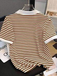 Camiseta de manga corta con cuello de polo a rayas casual de verano para mujer - Multicolor 8 - Ver 2