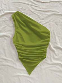 asimétrica con hombro descubierto de color amarillo pálido, adecuada para vacaciones de verano - Verde - Ver 2