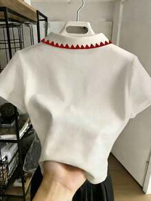Camiseta de mujer de manga corta con cuello de polo a rayas, estampado de salchicha - Multicolor 2 - Ver 2