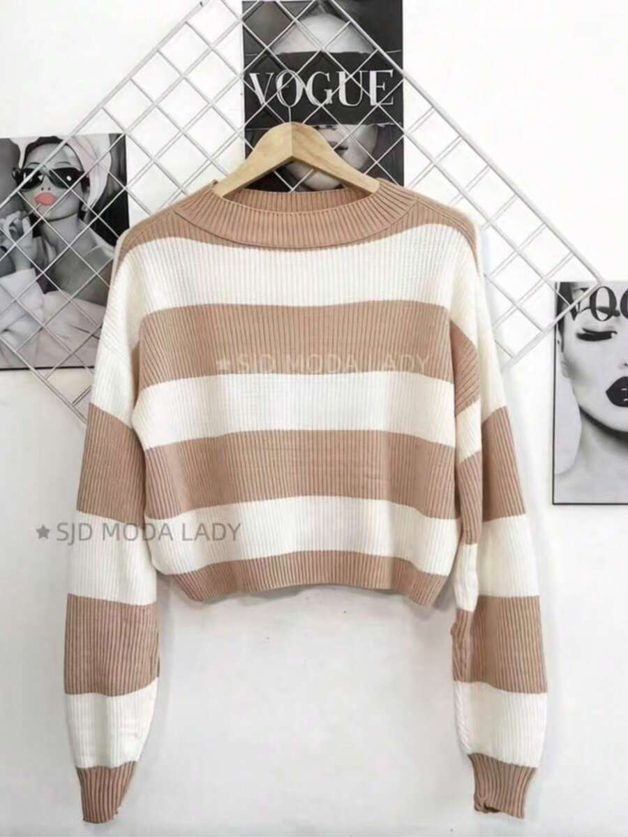 SJD MODA LADY Women's Striped Modal Knit Sweater, Solid Cropped Top For Women, Perfect For Autumn, Winter, LA Top, Off-The-Shoulder, Round Neck, Long Sleeves, Daily Wear, Office, Magazine Style, , Romantic, Retro, Casual, Chic, College, Minimalist, Versatile, Korean, Y2K, Teen, Youth - 條紋米白 - 查看 1