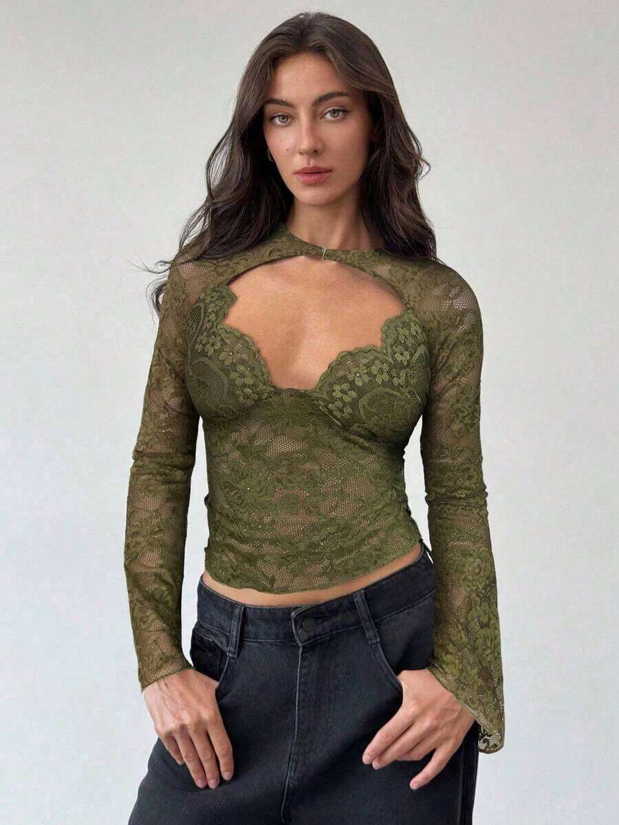 Blusa de manga larga con cuello en V profundo, transparente y con detalles de encaje negro para mujeres - Verde militar - Ver 1