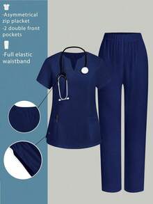 Conjunto de uniforme de enfermera con cuello en V, manga corta y bolsillo lateral con abertura, color azul claro, pantalón informal, conjunto de uniforme de enfermera, para primavera/verano - Azul marino - Ver 9