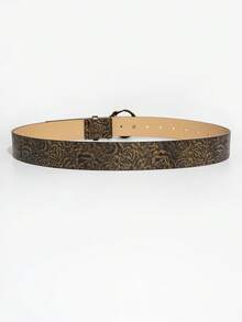 1pc Women's Retro Brown Floral Pattern PU Leather Belt With Carved Metal Buckle, Western Style Suitable For Commuting - Bronze - Human Face - View 5