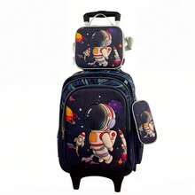 Set de 3 Piezas Mochila Escolar Infantil para Niños y Niñas, Mochila Escolar con Ruedas Opcional, Incluye Bolsa de Almuerzo Térmica y Estuche para Lápices, Diseño de Dibujos Animados de Astronauta Fútbol Gato Kawaii, Gran Capacidad Ergonómica, para Estudiantes de Primaria, Ideal para Regalo de Inicio de Clases - GX-315-negro+l - Ver 2