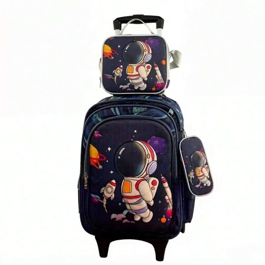 Set de 3 Piezas Mochila Escolar Infantil para Niños y Niñas, Mochila Escolar con Ruedas Opcional, Incluye Bolsa de Almuerzo Térmica y Estuche para Lápices, Diseño de Dibujos Animados de Astronauta Fútbol Gato Kawaii, Gran Capacidad Ergonómica, para Estudiantes de Primaria, Ideal para Regalo de Inicio de Clases