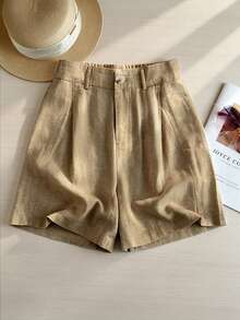 Women's Casual Linen Blend Pleated Design Side Pocket A-Line Shorts, Spring/Summer - Khaki - View 3