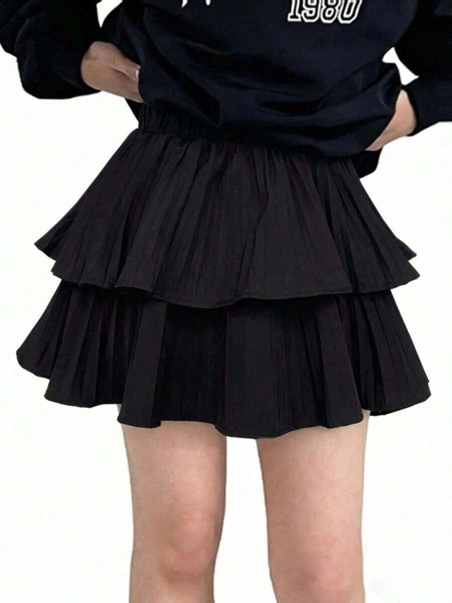 Falda pantalón de verano casual de unicolor con abertura lateral para mujer - Negro - Ver 1