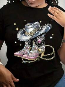 Women's Cotton T-Shirts, 1 Piece Women's Graphic T-Shirt With Cowboy Boots And Hat, Plus Size With Rhinestones - Casual Black Geometric Print T-Shirt, Machine Washable, Spring And Summer Fashion Tops, Denim Accessories, Casual Wear, Shiny Design, Printed Shirt, Fashion Shopper - 180G 100% Soft Cotton - 黑色 - 查看 1