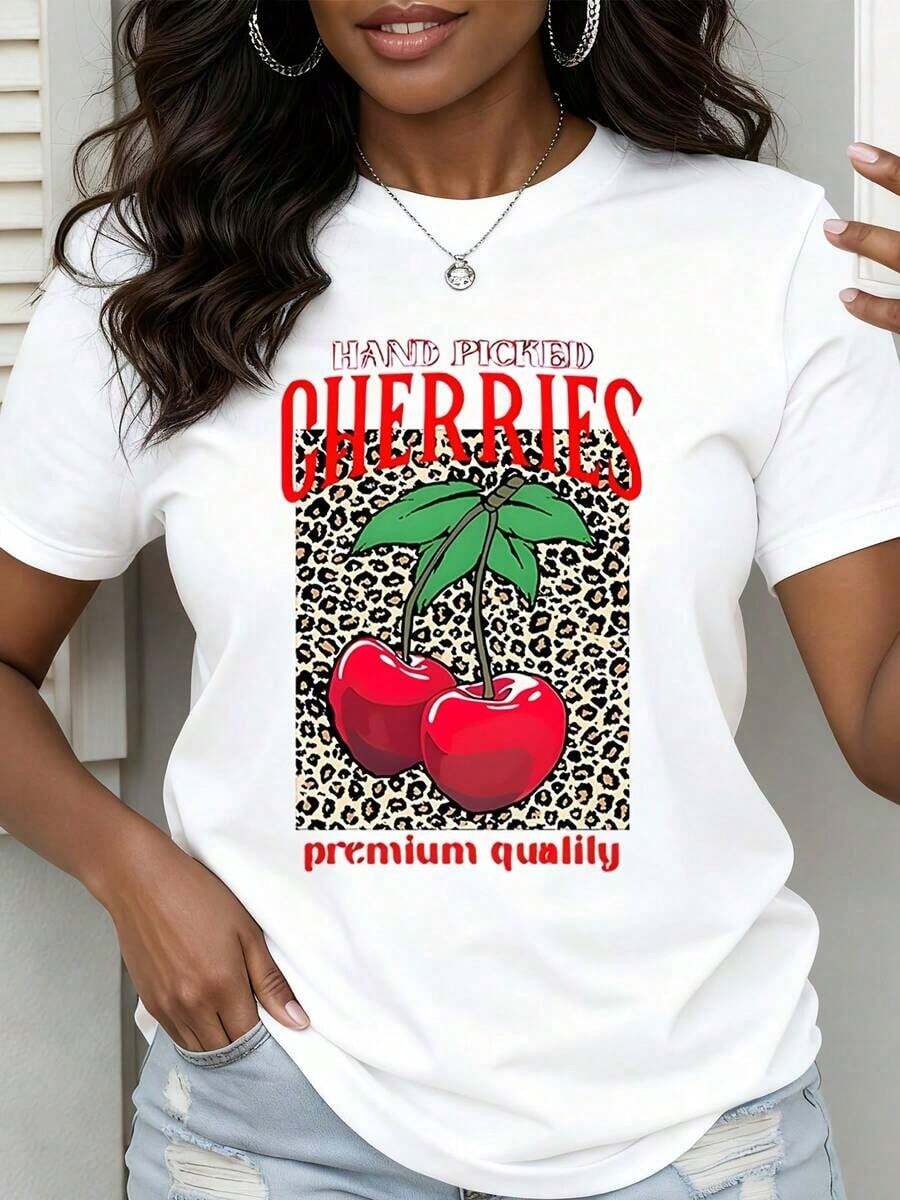 Camiseta de Cuello Redondo para Mujer Summer Vibes con Estampado de Cerezas y Leopardo, Cerezas Seleccionadas a Mano, Camiseta Gráfica de Calidad Premium, Atuendo Casual para Uso Diario - Estilo Urbano Vintage, Camiseta Unisex de Algodón Holgada de Manga Corta y Cuello Redondo - Blanco - Ver 1