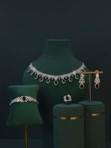 5pcs White Gold Plated Luxury Royal Style Water Drop Tassel Design Bridal Wedding Jewelry Set, Handset Green Cubic Zirconia, Including Necklace, Bracelet, Earrings, Ring, Suitable For Daily Wear And Wedding, Wedding Anniversary Gift (Deluxe Gift Box Packaging) Complimentary - Waterdrop Green Diamond Set - View 10