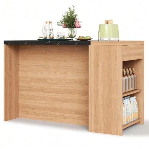 Kitchen Island/Bar/Dining Table, 5 Storage Levels And Concealed Drawer, Thick Top, Oak And Black Marble Effect, 140*60*90 Cm - Natural Color - View 1