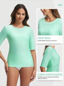 Baleaf UPF50+ Rash Guard For Women Elbow Length UV Protection Swim Shirts Quick Dry Sun Shirts Lightweight Swimsuits Top - 淺綠 - 查看 4