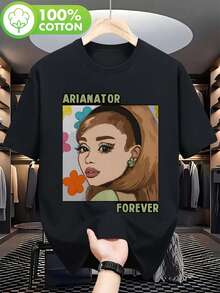 Men's Iconic Floral T-Shirt With Portrait And Signature Of Ariana Forever - 100% Replica Ariana T-Shirt, Soft Crew Neck, Short Sleeve For Casual Wear, Concerts, Dates And Fan Events (Machine Washable) - 黑色 - 查看 7
