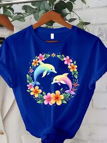 Ropa de talla grande para mujer, camiseta de manga corta con cuello redondo y estampado colorido de delfines y vida marina, adornada con motivos florales y de delfines, camisa casual para primavera, verano y otoño, adecuada para uso diario y como regalo para las fiestas (Halloween, Navidad) - lavable a máquina. Idea de regalo. - Azul - Ver 1