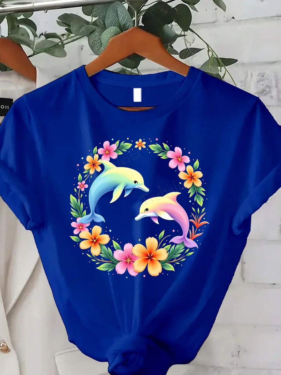 Ropa de talla grande para mujer, camiseta de manga corta con cuello redondo y estampado colorido de delfines y vida marina, adornada con motivos florales y de delfines, camisa casual para primavera, verano y otoño, adecuada para uso diario y como regalo para las fiestas (Halloween, Navidad) - lavable a máquina. Idea de regalo. - Azul - Ver 1