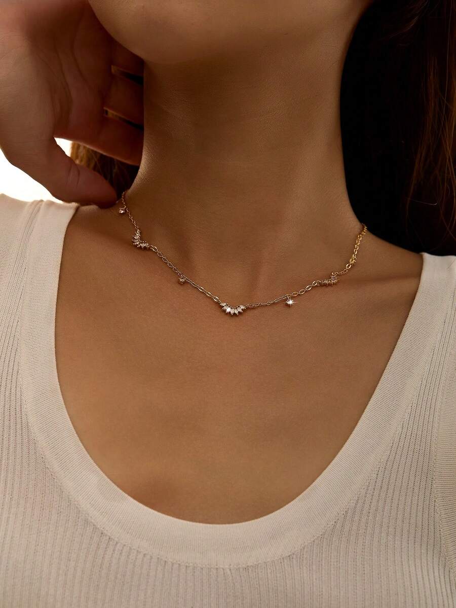 1pc Women's Necklace, Layered Copper Inlaid Zirconia Sunflower & Lotus Flower Mini Zirconia Pendant Tassel Choker Necklace, Daily Wear & Party Accessory Gift - Yellow Gold - View 1