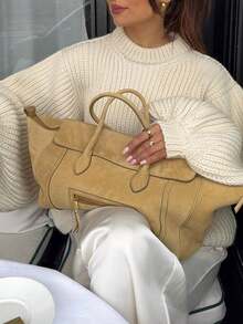 Yepolly-Pop Women Autumn Winter Chunky Ribbed Knit Sweater, Cream White Oversized Drop Shoulder Long Pullover, Casual Daily Wear - Apricot - View 6