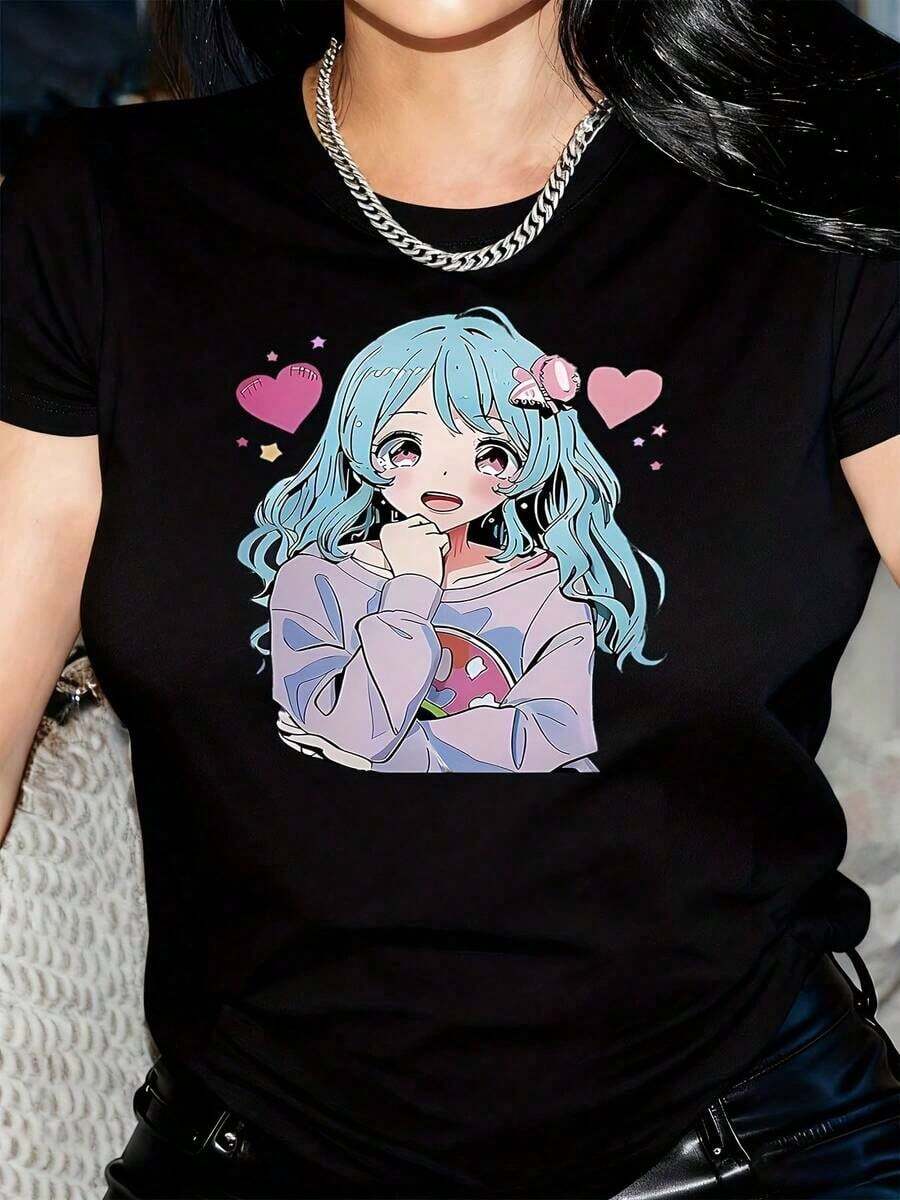 Under The Radar Women's Anime Print T-Shirt - Kawaii Manga Character Design With Blue Hair And Hearts, Soft Crew Neck Casual T-Shirt For Cosplay, Theme Events And Casual Wear - Comfortable Stretch Fabric For All Seasons (Machine Washable) - Perfect Gift For Anime Fans, Festival Wear, Cosplay Costume, Breathable Material, Durable Stitching, Printed T-Shirt, Cosplay Enthusiasts - Unisex Short Sleeve Crew Neck Loose Cotton T-Shirt Urban Vintage Style - 黑色 - 查看 1
