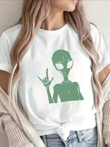 Soft, 100% Cotton T-Shirt, Casual With An Alien Print, Short Sleeves, Featuring A Green Extraterrestrial Pattern. Lightweight And Durable, Ideal For Home, Dining, Or Outdoor Activities, Comfortable For Everyday Wear. Breathable Cotton T-Shirt, Goes With Everything. - 白色 - 查看 8