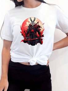 Under The RadarMujer Camiseta de Manga Cclothesta con Estampado de Conejo Samurai en Fondo Rojo Diseño de Arte Anime para Mujeres Moda Casual Streetwear T-shirt Blanco-Vintage Street Style Unisex Loose Cotton Short Sleeve Crew Neck T-Shirt - Blanco - Ver 3