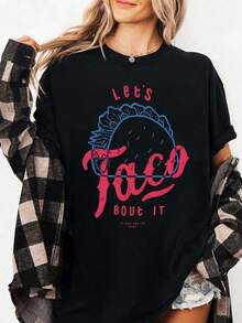 Camiseta Oversize para Mujer con Gráfico Divertido de Tacos, Cuello Redondo, Manga Corta, Corte Holgado, Ropa Urbana de Comida Mexicana para Verano, Regalo para Amantes de los Tacos, Blusa Bonita para Uso Diario, 100% Algodón - Negro - Ver 1