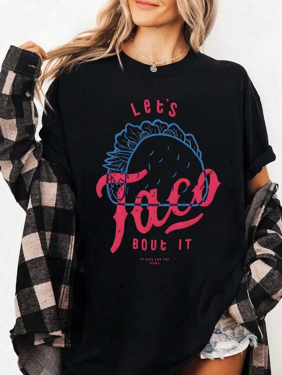 Camiseta Oversize para Mujer con Gráfico Divertido de Tacos, Cuello Redondo, Manga Corta, Corte Holgado, Ropa Urbana de Comida Mexicana para Verano, Regalo para Amantes de los Tacos, Blusa Bonita para Uso Diario, 100% Algodón - Negro - Ver 1
