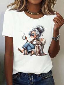 MinimalistCamisetas de mujer con un estampado de una anciana de cabello blanco que usa gafas de sol, café y está sentada en un sofá. Corte holgado, adecuadas para deportes y fiestas, lindas, elegantes, a, un gran regalo. Suaves, lavables aáquina, elásticas, para uso doméstico y casual. Cuello redondo, manga corta. Camiseta de Mujer de Color Sólido Simple, Corte Holgado y Ajustado, Casual de Manga Corta - Blanco - Ver 8