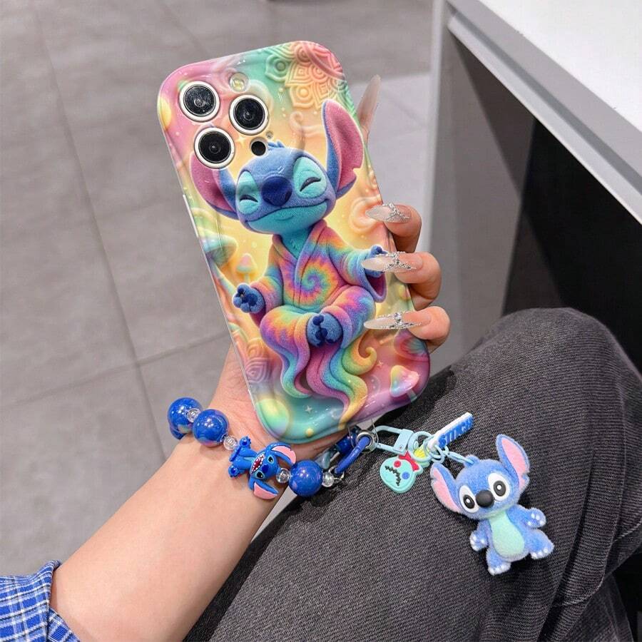 Disney Lilo & Stitch Phone Case With Stitch Charm And Stitch Lanyard - Cute Stitch Protective Case With Meditating Pose And Tie-Dye Robe Design, Equipped With Delicate Stitch Decorative Lanyard And Beaded Bracelet For Easy Carrying, Compatible With IPhone 17, 16, 15, 14, 13, 12, 11 Pro Series, Ideal For Birthdays, Holidays, Anniversaries, Graduation Gifts, Or Any Special Occasion To Surprise Family, Friends, Classmates, And Loved Ones. - 白色 - 查看 1